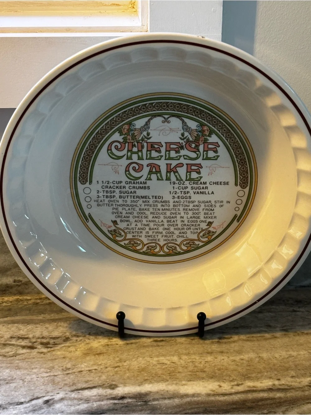 Vintage Cheesecake Pie Pan Dish - Printed Recipe Vintage Ceramic Pie Plate 10